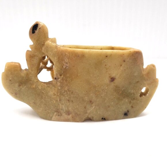 Authentic Vintage Chinese Carved Soapstone Small Brush/Ink Pot with Leaf Detail - Picture 2 of 6